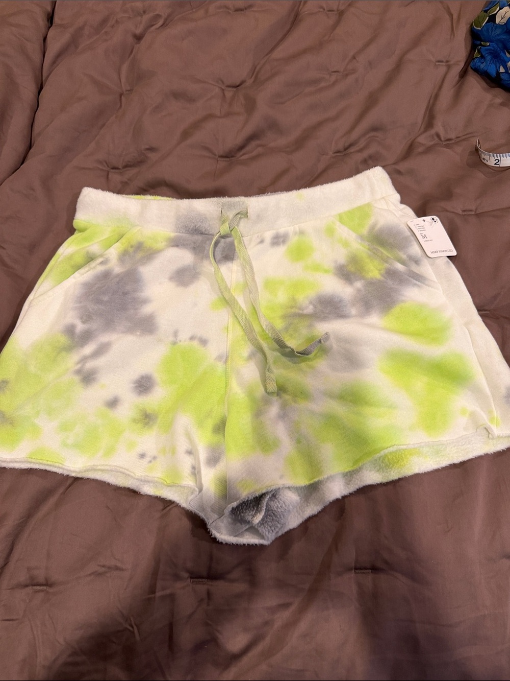 Free People Tie-Dye Cozy Plush Lounge Shorts - Neon Lime & Gray